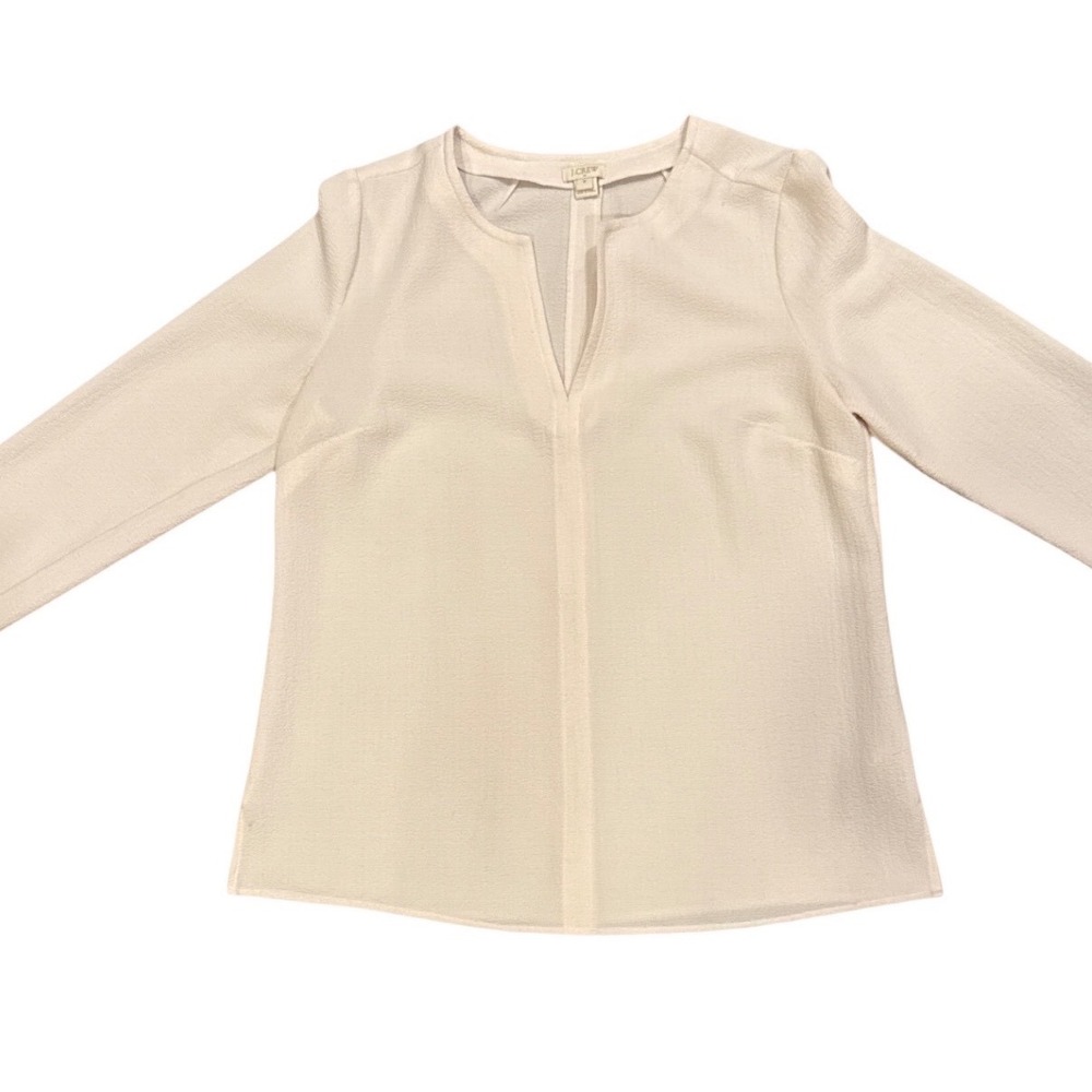 J.Crew Women M Ivory Crepe Split Neck Long Sleeve Officecore Minimalist Blouse